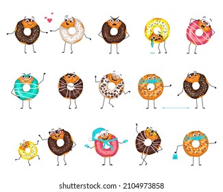 Cute glazed donut character with happy or sad emotions, panic, loving or brave face, hands and legs. Cheerful man baking dessert with expression and mask, glasses or hat. Vector flat illustration