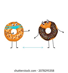 Cute glazed donut character with sad emotions, face and mask keep distance, arms and legs. Cheerful man baking dessert with with depression expression. Vector flat illustration