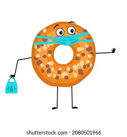 Cute glazed donut character with sad emotions, face and mask keep distance, hands with shopping bag and stop gesture. Vector flat illustration