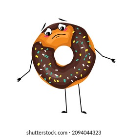 Cute glazed donut character with sad emotions, depressed face, down eyes, arms and legs. Baking dessert with melancholy expression. Vector flat illustration