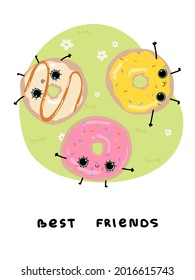 Cute glazed donuts best friends on a summer walk text. Postcard, poster, background. Hand drawn vector illustration.