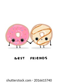 Cute glazed donuts girls best friends text. Postcard, poster, background. Hand drawn vector illustration.