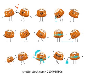 Cute glazed muffin character with happy or sad emotions, panic, loving face, hands and legs. Baking person, bun with funny expression with mask, glasses or hat. Vector flat illustration