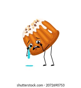 Cute glazed muffin with nut sprinkles character with crying and tears emotion, sad face, depressive eyes, arms and legs. Baking person, bun with melancholy expression. Vector flat illustration