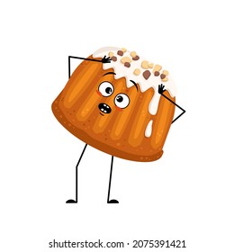 Cute glazed muffin with nut sprinkles character with emotions in panic grabs his head, surprised face, shocked eyes, arms and legs. Baking person, bun with terrified expression. Vector flat