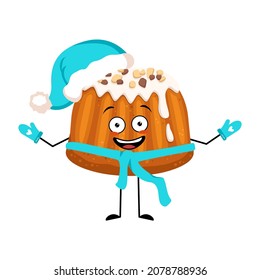 Cute glazed muffin with nut sprinkles character with crying and tears emotion, sad face, depressive eyes, arms and legs. Baking person, bun with melancholy expression. Vector flat illustration