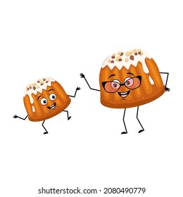 Cute glazed muffin with nut sprinkles character with joyful emotions, happy face, smile, eyes, arms and legs. Baking people, grandmother with glasses and grandson. Vector flat illustration