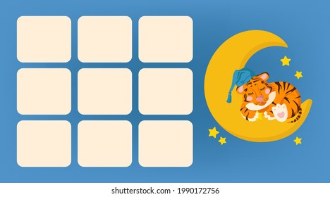 Cute glider for baby with a picture of a sleepy tiger on the moon in a nightcap.
schedule of habits, lessons, activities for the child.