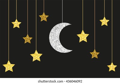 Cute glitter gold and silver moon and stars hanging on strings for your decoration