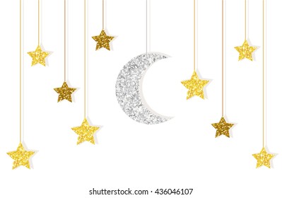 Cute Glitter Gold And Silver Moon And Stars Hanging On Strings For Your Decoration