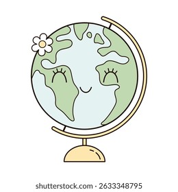 Cute globe clipart, groovy school supplies, back to school, cute hand drawn vector illustration in flat style	