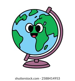 Cute globe model vector illustration. Cartoon style globe with a simple stand, featuring bright colors and a friendly design. Perfect for educational materials, icons, and travel themed graphics.