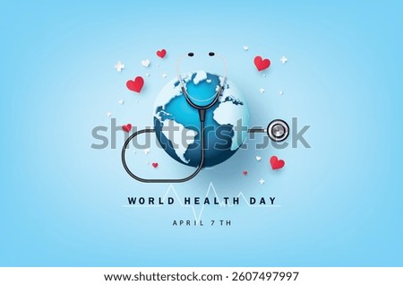 Cute globe with stethoscope surrounded by hearts. A warm and caring illustration for World Health Day awareness.