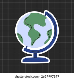 Cute globe sticker with simple Earth illustration and dark blue stand — flat vector icon of a world globe featuring minimal continents and pastel colors, perfect for school supplies, geography class.