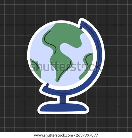Cute globe sticker with simple Earth illustration and dark blue stand — flat vector icon of a world globe featuring minimal continents and pastel colors, perfect for school supplies, geography class.