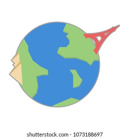 cute globe, world, earth with eiffel tower and pyramid cartoon object on white background, vector illustration