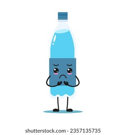 Cute gloomy bottle of water character. Funny sad mineral water cartoon emoticon in flat style. water bottle vector illustration