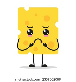 Cute gloomy cheese slice character. Funny sad food cartoon emoticon in flat style. cheese slice emoji vector illustration