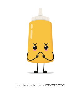 Cute gloomy mustard sauce bottle character. Funny sad food cartoon emoticon in flat style. mayonnaise bottle emoji vector illustration
