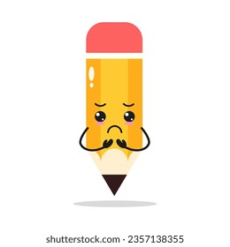 Cute gloomy pencil character. Funny sad school equipment cartoon emoticon in flat style. pencil vector illustration