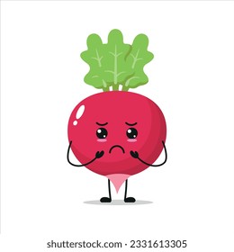 Joli caractère sombre et radis. Amusant dessin animé triste de radis en style plat. illustration vectorielle emoji