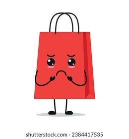 Cute gloomy shopping bag character. Funny sad paper bag cartoon emoticon in flat style. closet vector illustration