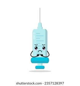 Cute gloomy syringe character. Funny sad medication cartoon emoticon in flat style. injection vector illustration