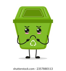 Cute gloomy trash bin character. Funny sad dustbin cartoon emoticon in flat style. wastebin emoji vector illustration