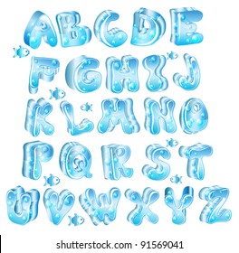 Cute glossy blue alphabet with drops and fish, vector, EPS10