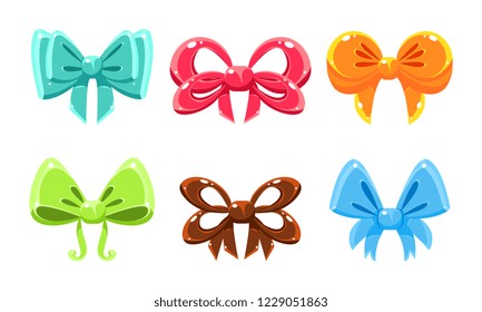 Cute glossy bows of different colors, user interface assets for mobile apps or video games vector Illustration on a white background