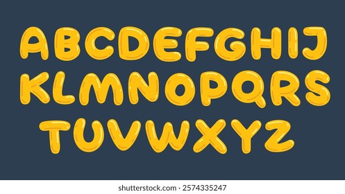 Cute glossy cartoon alphabet, yellow bubble font set, plastic baloon fonts