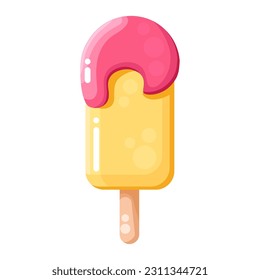 Cute glossy ice cream, tasty dessert with topping, summer food, frozen sweet food illustration.