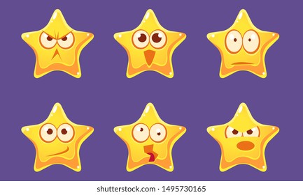 Cute Glossy Star Characters Set, Bright Star with Different Emotions Vector Illustration
