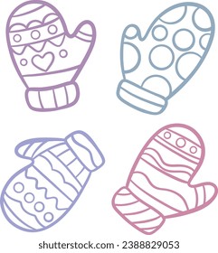 Cute glove elements, hand drawn line art doodle collection, holiday clip art set