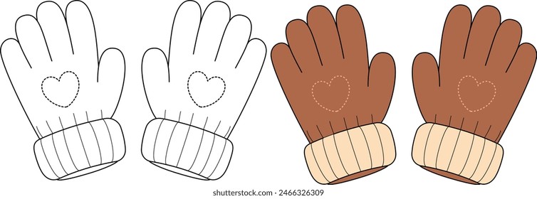 Cute gloves outline black and white coloring page. 