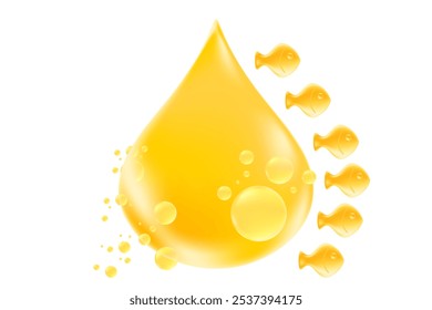 Cápsulas brilhantes 3D ômega 3 de gel de gota dourada de óleo de peixe em uma forma de colheres de peixe isoladas, fundo transparente. Vitamina D3 saudável, óleo de krill do oceano DHA, ilustração de vetor de suplemento EPA.