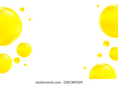 Cute glowing lemon yellow liquid bubbles or fluid jelly droplets isolated on transparent background. Cute honey, acid neon yellow presentation, beauty serum, cosmetology science, molecular concept