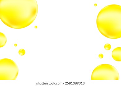 Cute glowing lemon yellow liquid bubbles or fluid jelly droplets isolated on transparent background. Cute honey, acid neon yellow presentation, beauty serum, cosmetology science, molecular concept