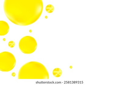 Cute glowing lemon yellow liquid bubbles or fluid jelly droplets isolated on transparent background. Cute honey, acid neon yellow presentation, beauty serum, cosmetology science, molecular concept