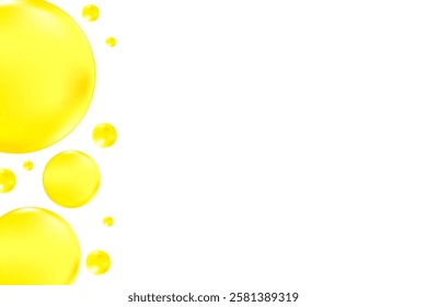 Cute glowing lemon yellow liquid bubbles or fluid jelly droplets isolated on transparent background. Cute honey, acid neon yellow presentation, beauty serum, cosmetology science, molecular concept