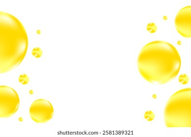 Cute glowing lemon yellow liquid bubbles or fluid jelly droplets isolated on transparent background. Cute honey, acid neon yellow presentation, beauty serum, cosmetology science, molecular concept