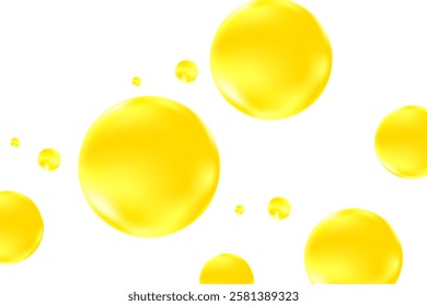 Cute glowing lemon yellow liquid bubbles or fluid jelly droplets isolated on transparent background. Cute honey, acid neon yellow presentation, beauty serum, cosmetology science, molecular concept