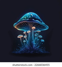 Cute glowing magical mushroom Illustration on black background