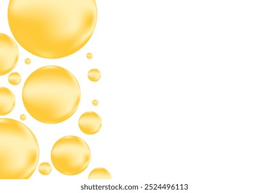 Cute glowing yellow, orange liquid bubbles or fluid jelly droplets isolated on transparent background. Cute honey or orange presentation, beauty serum, cosmetology science, molecular concept