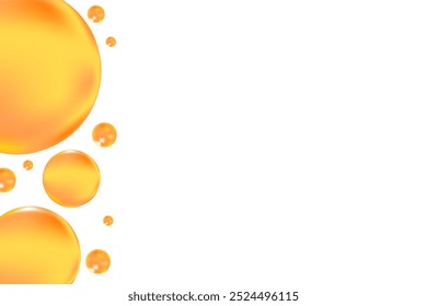 Bolhas líquidas amarelas brilhantes e alaranjadas ou gotas de gelatina fluida isoladas sobre fundo transparente. Mel bonito ou apresentação laranja, soro de beleza, ciência cosmetológica, conceito molecular