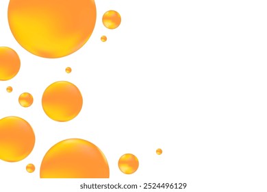Süße, leuchtende gelbe, orangefarbene Flüssigkeitsblasen oder flüssige Geleetropfen einzeln auf transparentem Hintergrund. süßer Honig oder orange Präsentation, Schönheitsserum, Kosmetikwissenschaft, molekulares Konzept