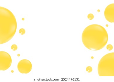Cute glowing yellow, orange liquid bubbles or fluid jelly droplets isolated on transparent background. Cute honey or orange presentation, beauty serum, cosmetology science, molecular concept