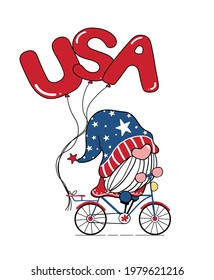 Cute Gnome 4th of July, Independence day, Gnome on bike with USA balloons, Doodle cartoon flat vector illustration for greeting card, t shirt printing