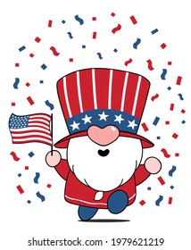 Cute Gnome 4th of July, Independence day, Gnome in america hat with usa flag, Doodle cartoon flat vector illustration for greeting card, t shirt printing