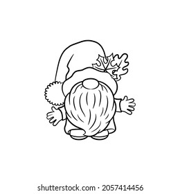 Cute gnome and autumn leaves hat  Thanksgiving day doodle  Line art Scandinavian gnome  Fall theme  Funny cheerful nordic dwarf character isolated white background  Retro hand  drawn style  